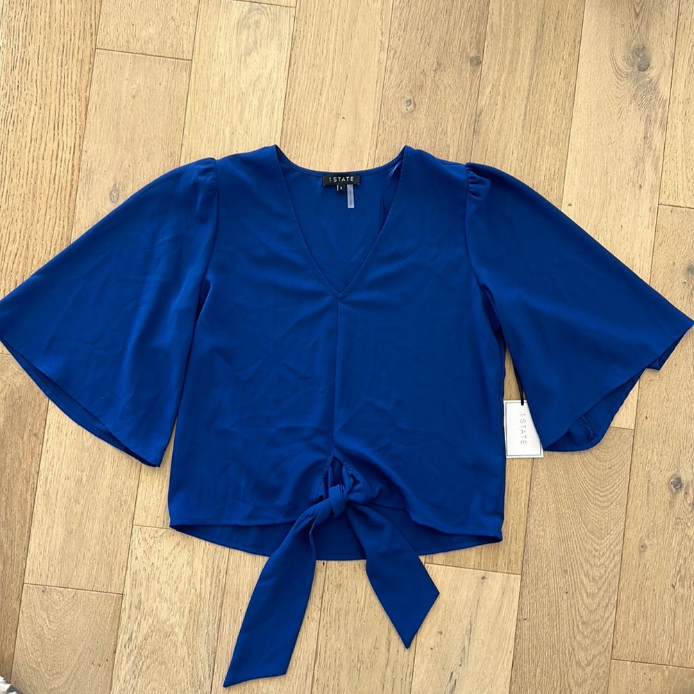 1 state blue woven top with front tie, size small, never worn!